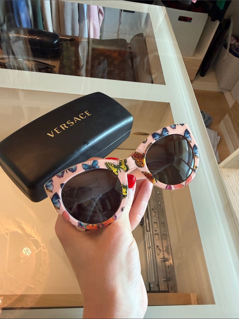 Versace Pink Butterfly Print Round Sunglasses